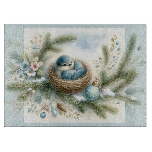 Tabla De Cortar Bluebird Nest with Ornaments in Winter Pines (Anverso)