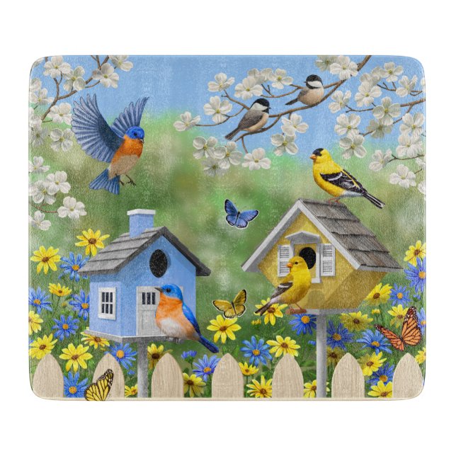 Tabla De Cortar Bluebirds Goldfinches Birdhouses Flower Garden (Anverso)