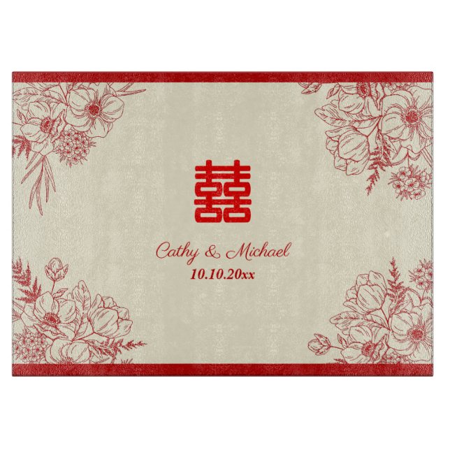 Tabla De Cortar Boda chino rojo beige floral oriental (Anverso)
