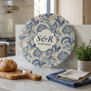 Tabla De Cortar Boda Floral de Damasco Azul y Crema con Monograma