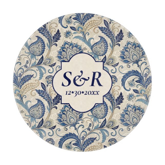 Tabla De Cortar Boda floral Monograma Blue & Cream Damask (Anverso)