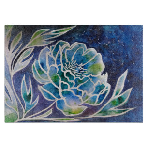 Tabla De Cortar Boho Navy Blue Celestial Dahlia Floral Watercolor