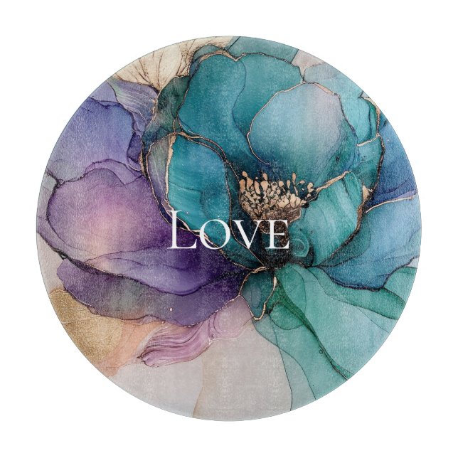 Tabla De Cortar Bonito Aqua Blue Purple Gold Floral Love (Anverso)