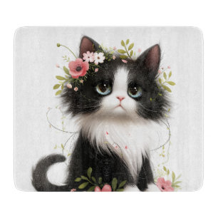 Tabla De Cortar Bonito gatito de Tuxedo con flores