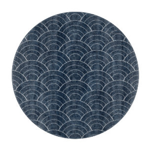 Tabla De Cortar Bordado Sashiko: Patrón japonés índigo.