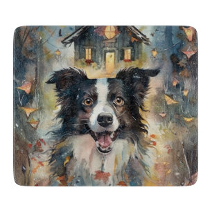 Tabla De Cortar Border Collie de Halloween con calabazas espeluzna