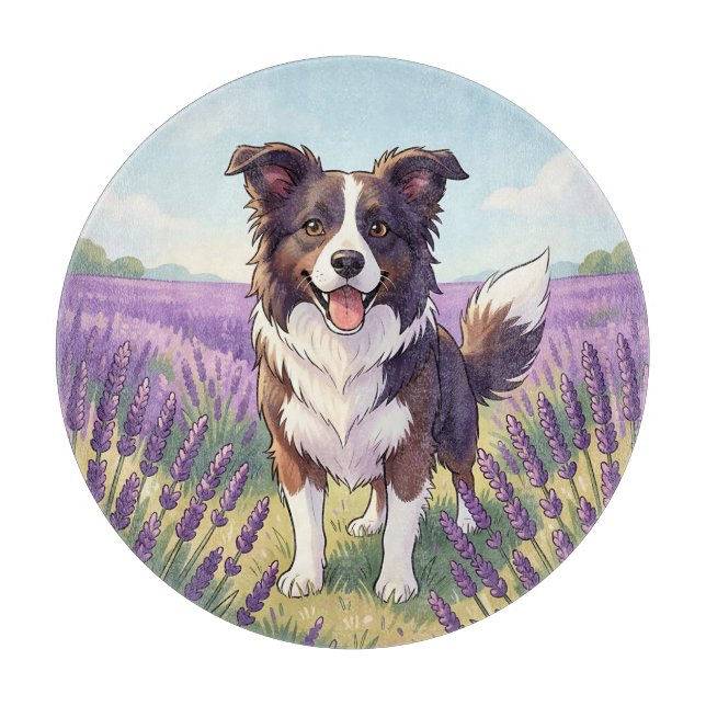Tabla De Cortar Border Collie Feliz Campo de Lavanda (Anverso)