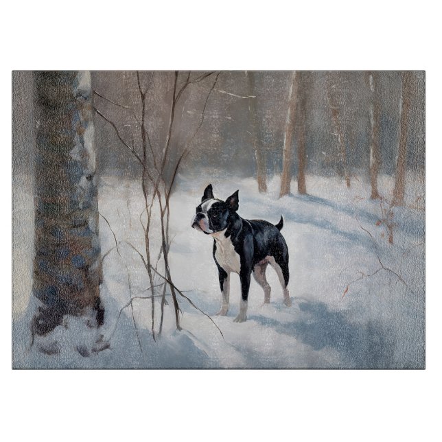 Tabla De Cortar Boston Terrier Deja que nieve Navidad (Anverso)