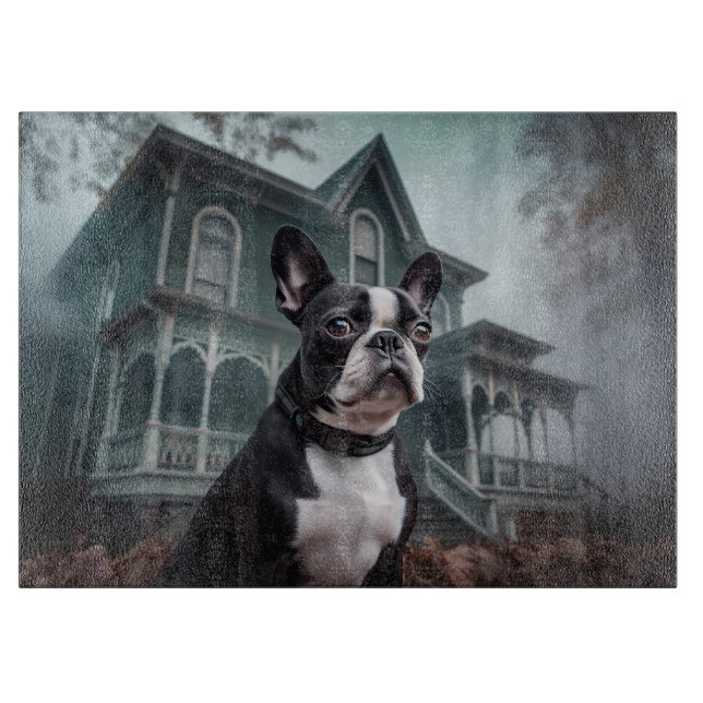 Tabla De Cortar Boston Terrier Halloween Aterrador (Anverso)