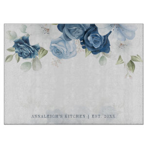 Tabla De Cortar Botánico floral azul blanco acuarela