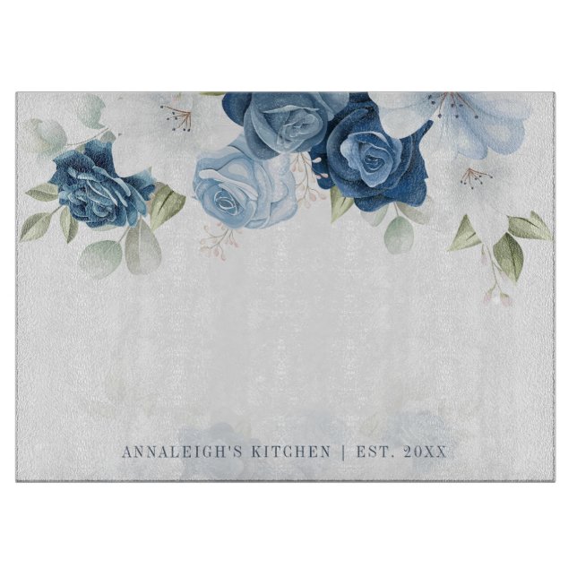 Tabla De Cortar Botánico floral azul blanco acuarela (Anverso)