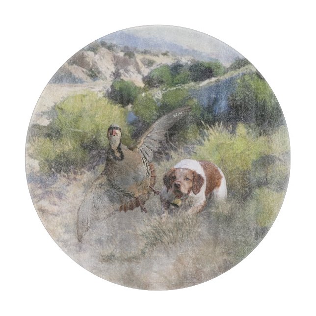 Tabla De Cortar Brittany Spaniel caza chukar pertridge, arte (Anverso)
