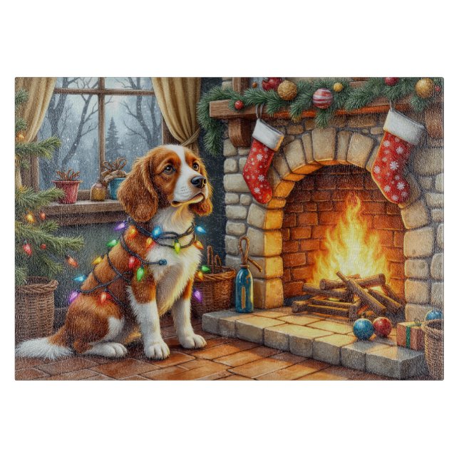 Tabla De Cortar Brittany Spaniel Chimenea con Luces de Navidad (Anverso)