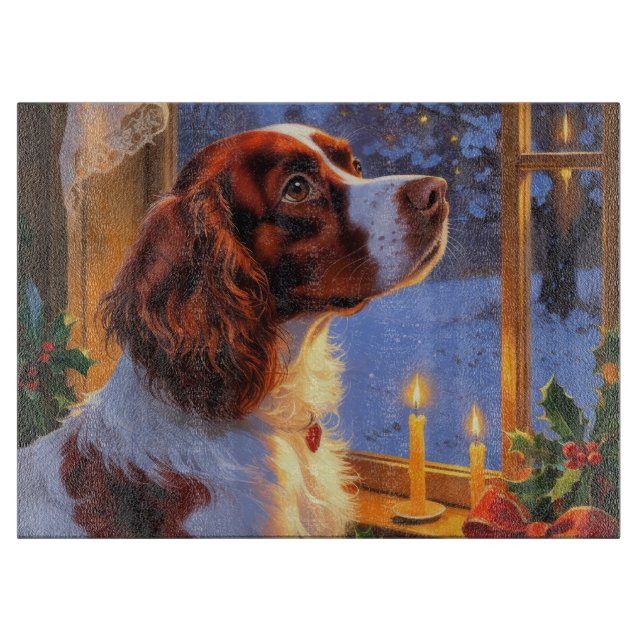 Tabla De Cortar Brittany Spaniel con luces de Navidad vacaciones  (Anverso)