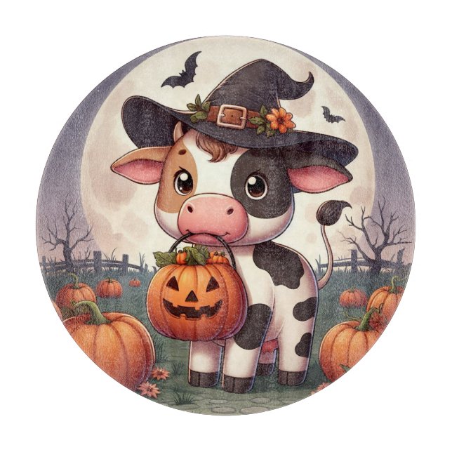 Tabla De Cortar Bruja de Halloween linda vaca (Anverso)