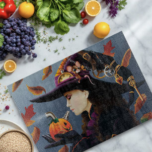 Tabla De Cortar Bruja de otoño steampunk con sombrero de relojería
