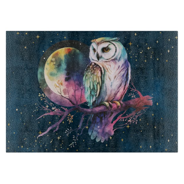 Tabla De Cortar Búho Arcoíris Místico y Luna Llena Celestial (Anverso)