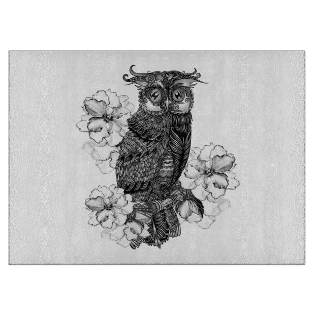 Tabla De Cortar Búho Gris Orquídeas Blancas (Anverso)