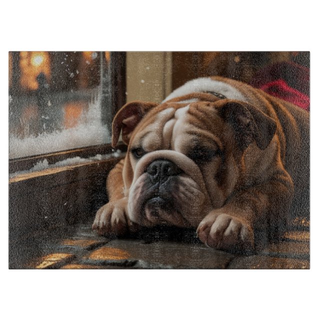 Tabla De Cortar Bulldog con Luces de Navidad Fiesta (Anverso)