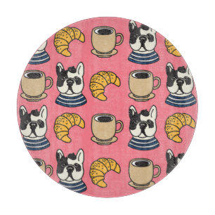 Tabla De Cortar Bulldog francés, café y croissant.
