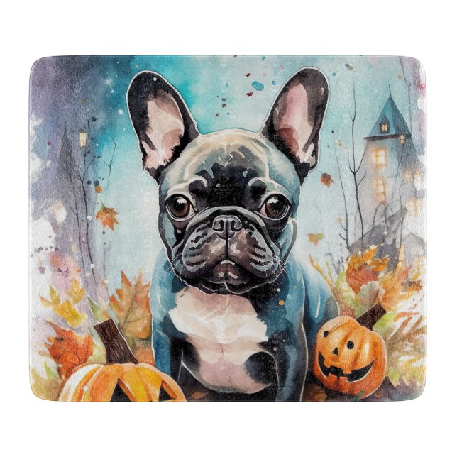 Tabla De Cortar Bulldog francés de Halloween con calabazas temeros (Anverso)