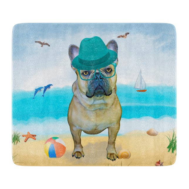 Tabla De Cortar Bulldog Francés en la Playa (Anverso)