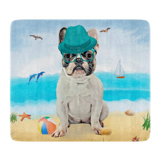 Tabla De Cortar Bulldog francés en la playa (Anverso)
