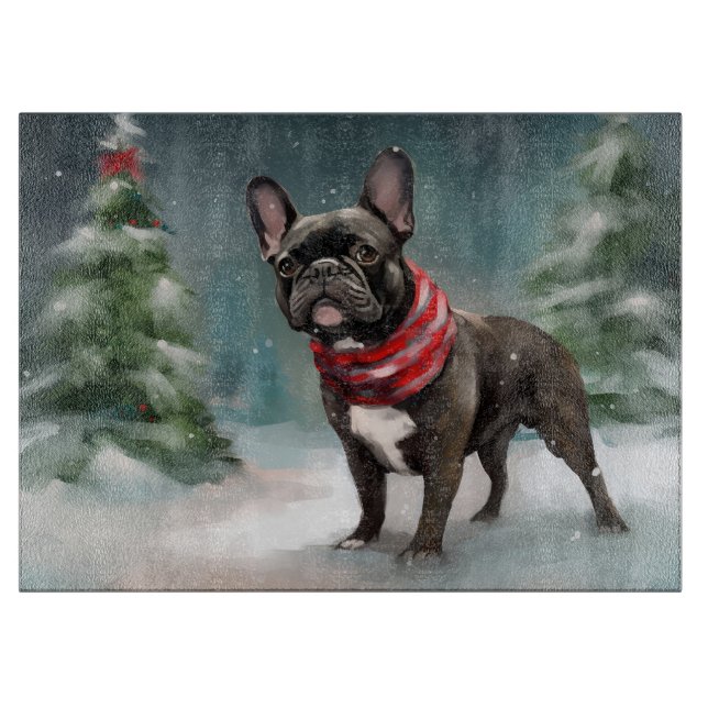 Tabla De Cortar Bulldog Francés en Navidad Nieve (Anverso)