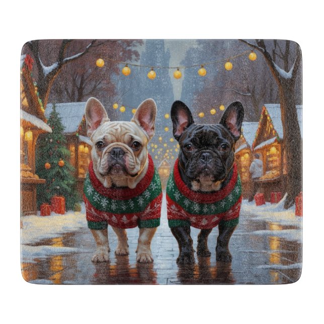 Tabla De Cortar Bulldogs Franceses Navidad Nieve Fiesta (Anverso)