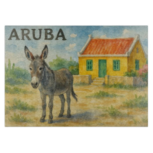 Tabla De Cortar Burro de Aruba con casa cunucu amarilla acuarela