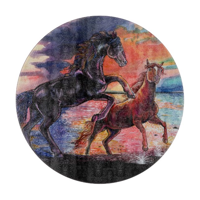 Tabla De Cortar Caballos de acuarela de cielo infinito (Anverso)