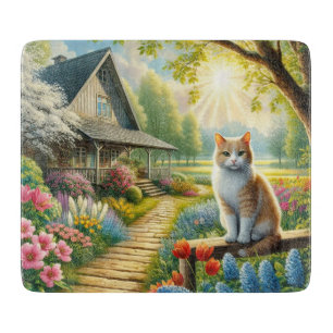 Tabla De Cortar Cabaña de primavera/jardín y gato
