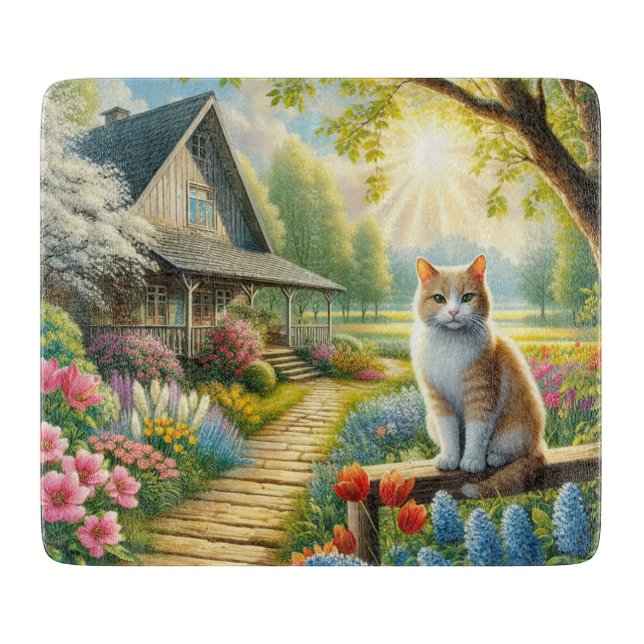 Tabla De Cortar Cabaña de primavera/jardín y gato (Anverso)