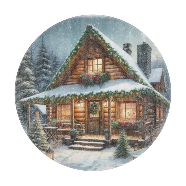 Tabla De Cortar Cabin de Navidad/invierno rústico nevado (Anverso)