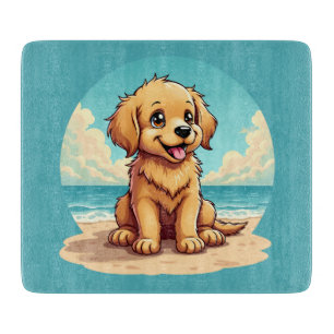 Tabla De Cortar Cachorro Dorado Adorable en una Escena de Playa So
