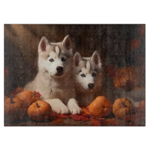 Tabla De Cortar Cachorro Husky Siberiano Delicia de Otoño Calabaza