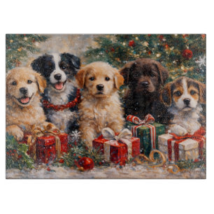 Tabla De Cortar Cachorros de Navidad con regalos bajo el árbol dec