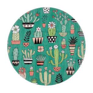 Tabla De Cortar Cactancia en floración Vintage de fondo verde