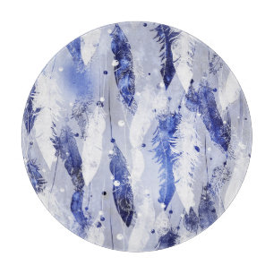 Tabla De Cortar Caída de plumas: patrón azul acuarela.