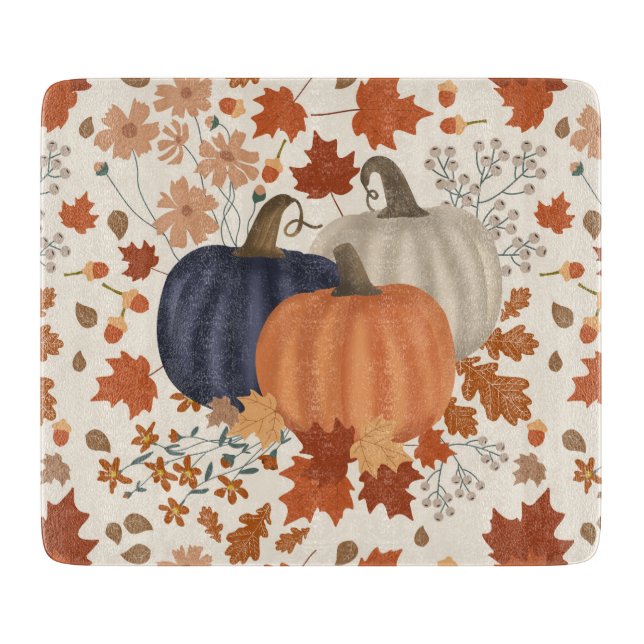 Tabla De Cortar Caída Rustica Calabazas de otoño flores silvestres (Anverso)