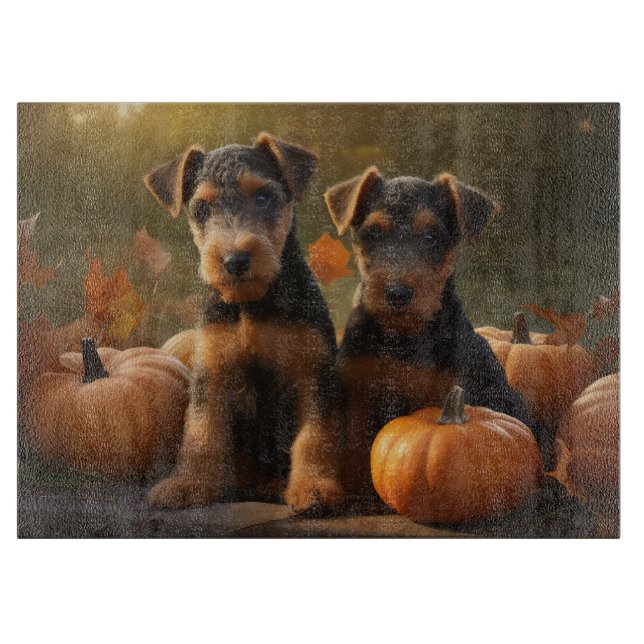 Tabla De Cortar Calabaza deslumbrante Airedale Puppy Autumn (Anverso)