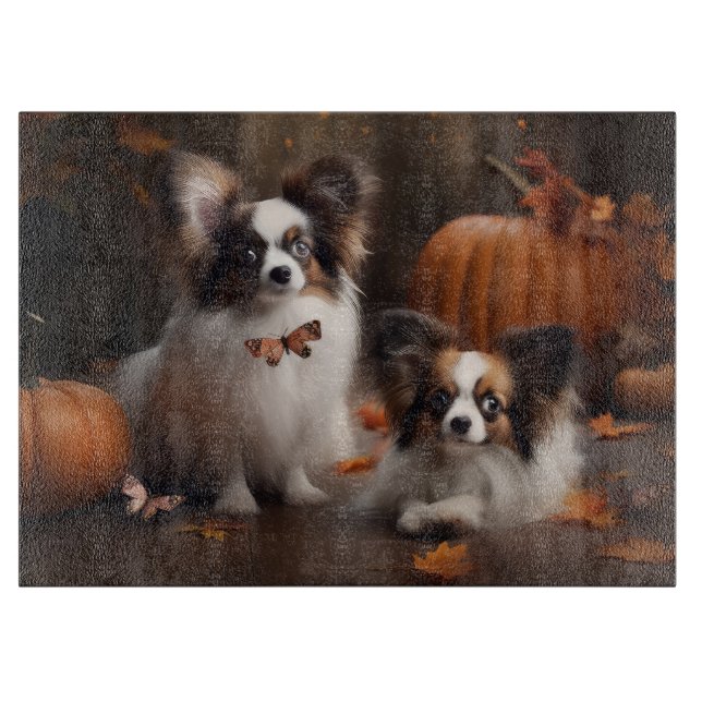 Tabla De Cortar Calabaza deslumbrante Papillon Puppy Autumn (Anverso)