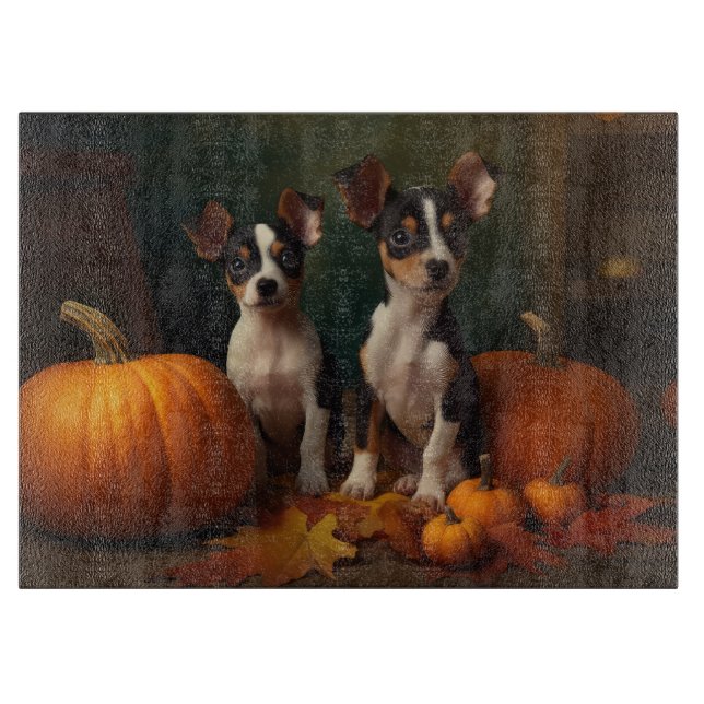 Tabla De Cortar Calabaza deslumbrante Rat Terrier Puppy Autumn (Anverso)