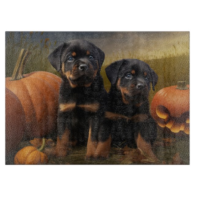 Tabla De Cortar Calabaza deslumbrante Rottweiler Puppy Autumn (Anverso)