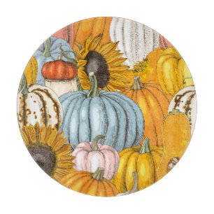 Tabla De Cortar Calabazas brillantes, girasoles, patrón dibujado a