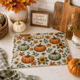 Tabla De Cortar Calabazas Girasoles y Hojas Naranja y Azul Otoño