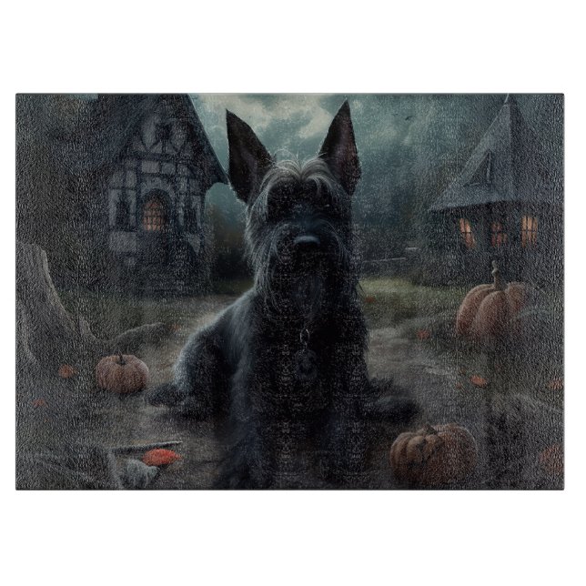 Tabla De Cortar Calabazas Terrier Escocés de Halloween (Anverso)