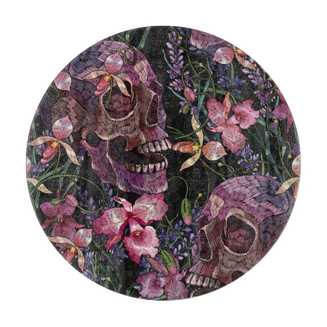 Tabla De Cortar Calavera bordada: Patrón de orquídeas góticas (Anverso)
