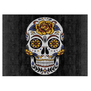 Tabla De Cortar Calavera de azúcar Rosa Amarilla sobre Negro