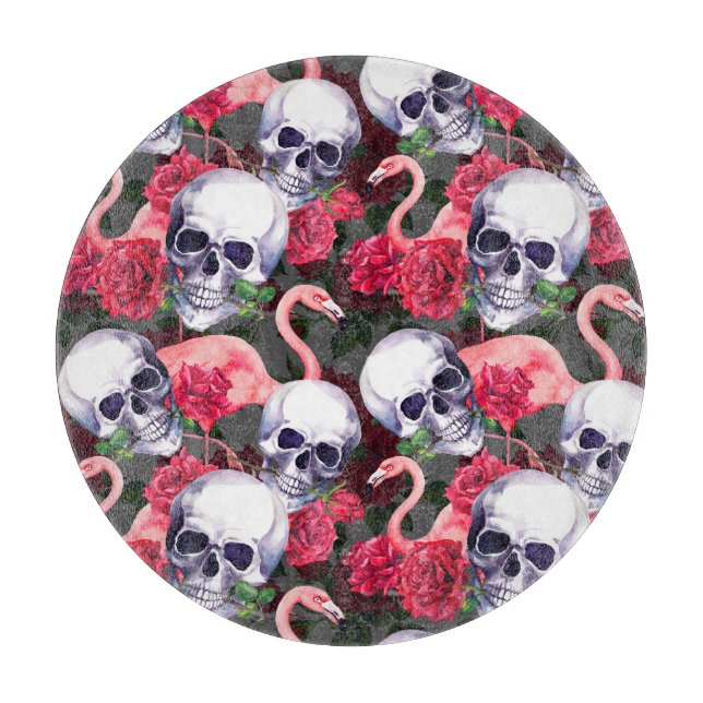 Tabla De Cortar Calavera floral, flamingo sin costuras. (Anverso)